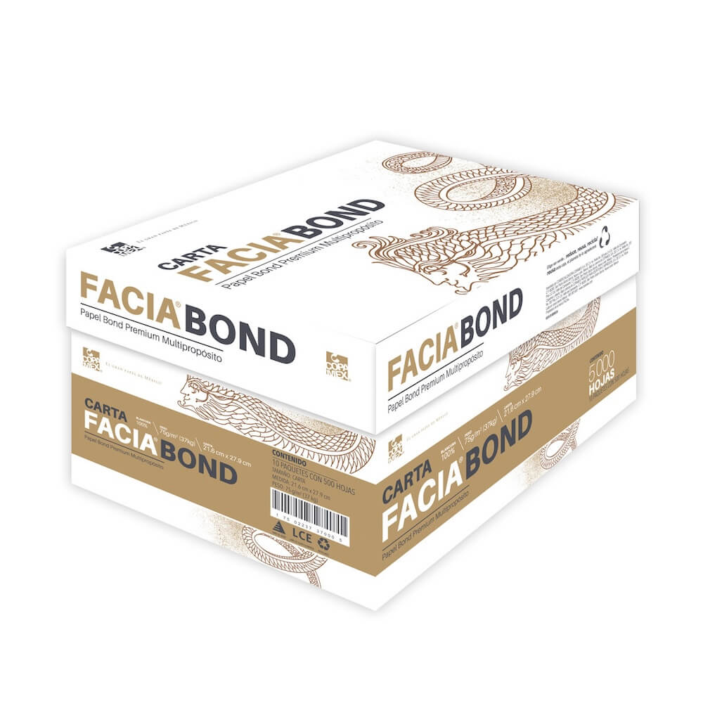 Caja de Papel Bond Facia Bond Carta 100% de Blancura 75g 5000 Hojas